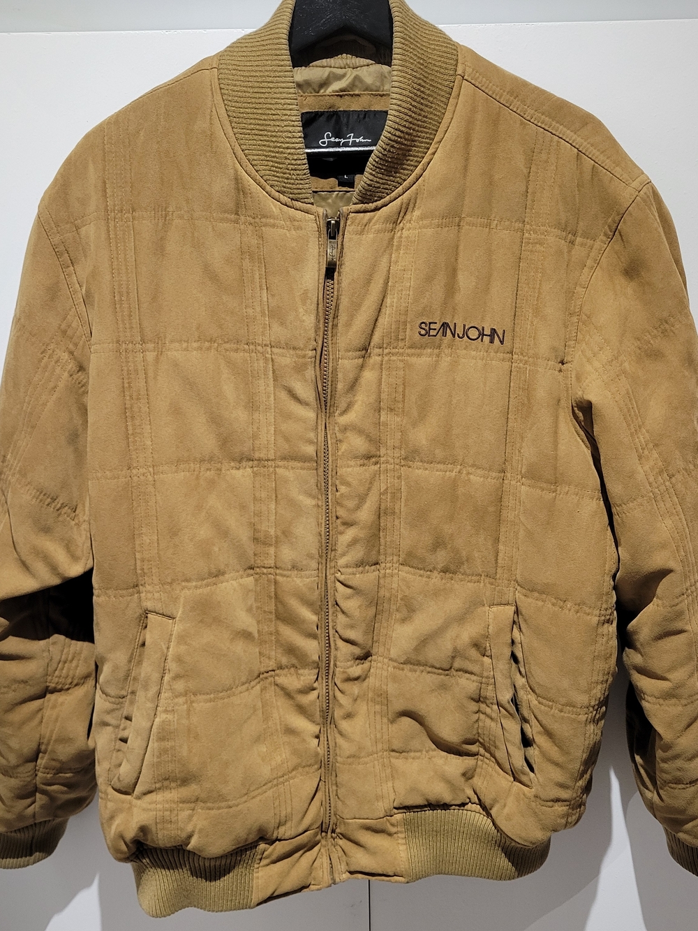 Vintage Sean John Bomber Puffer Faux Suede Tan Brown Coat Streetwear, Large/XL